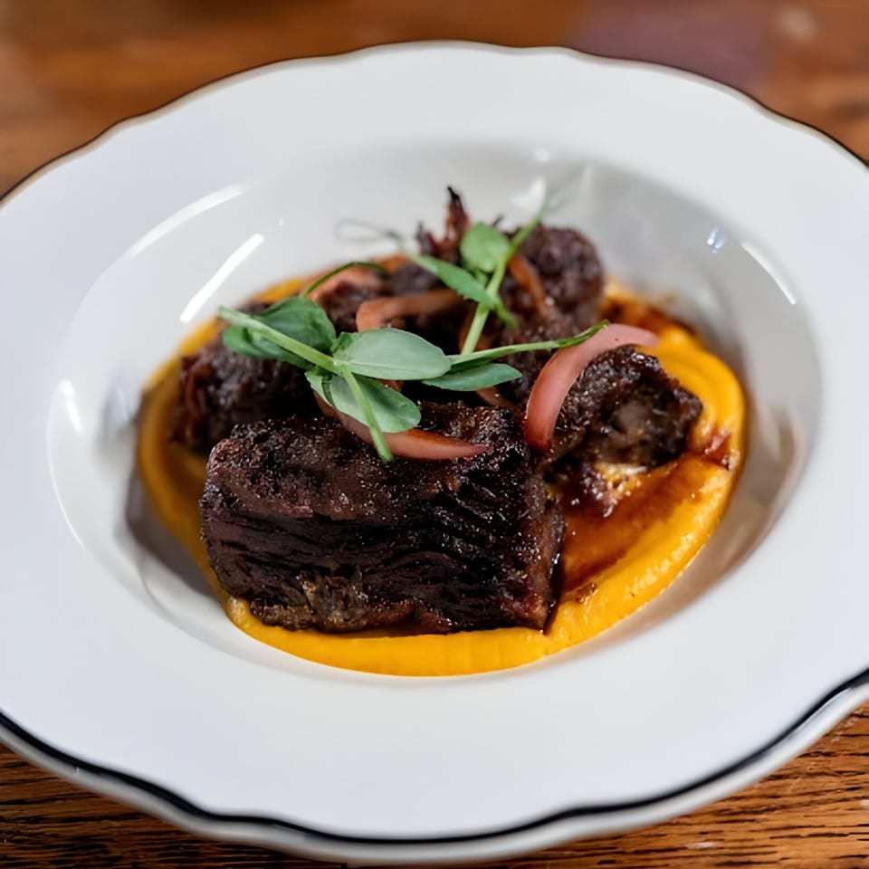 Braised short ribs on a bed of orange puree, garnished with pickled onions and microgreens.