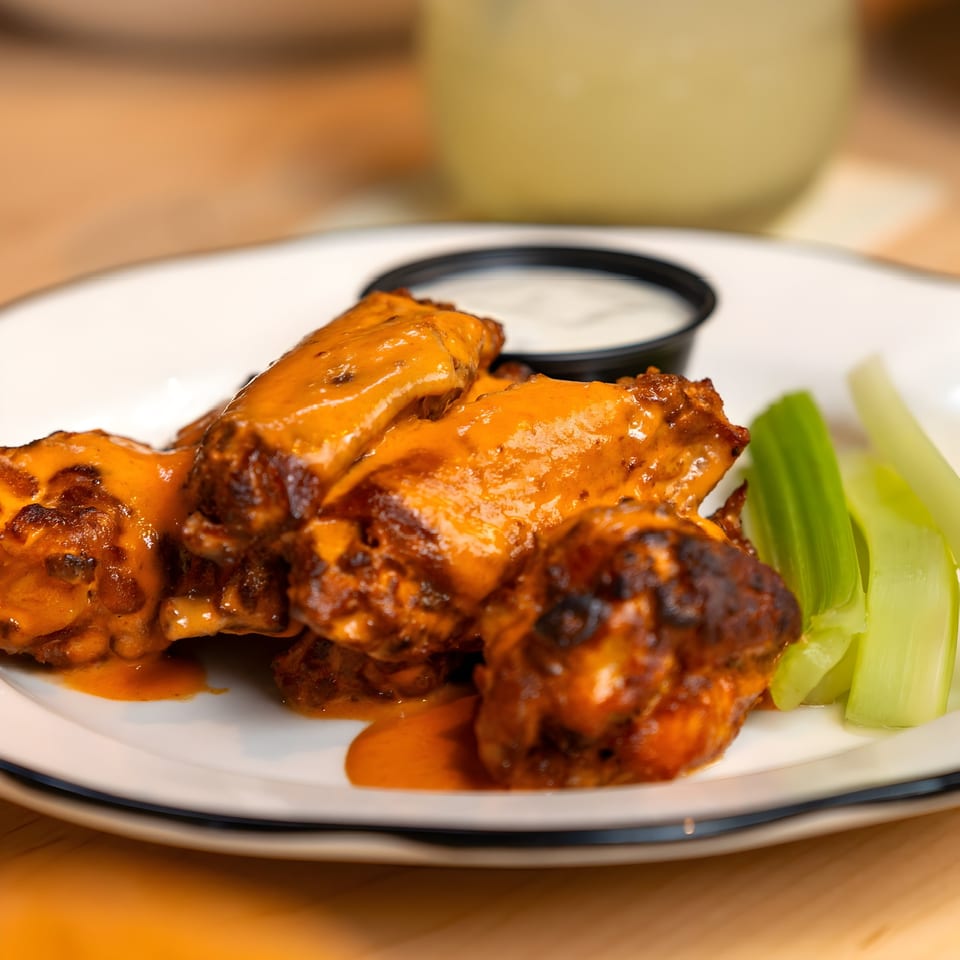 Buffalo chicken wings with orange sauce, a side of celery sticks, and a small cup of ranch dressing.