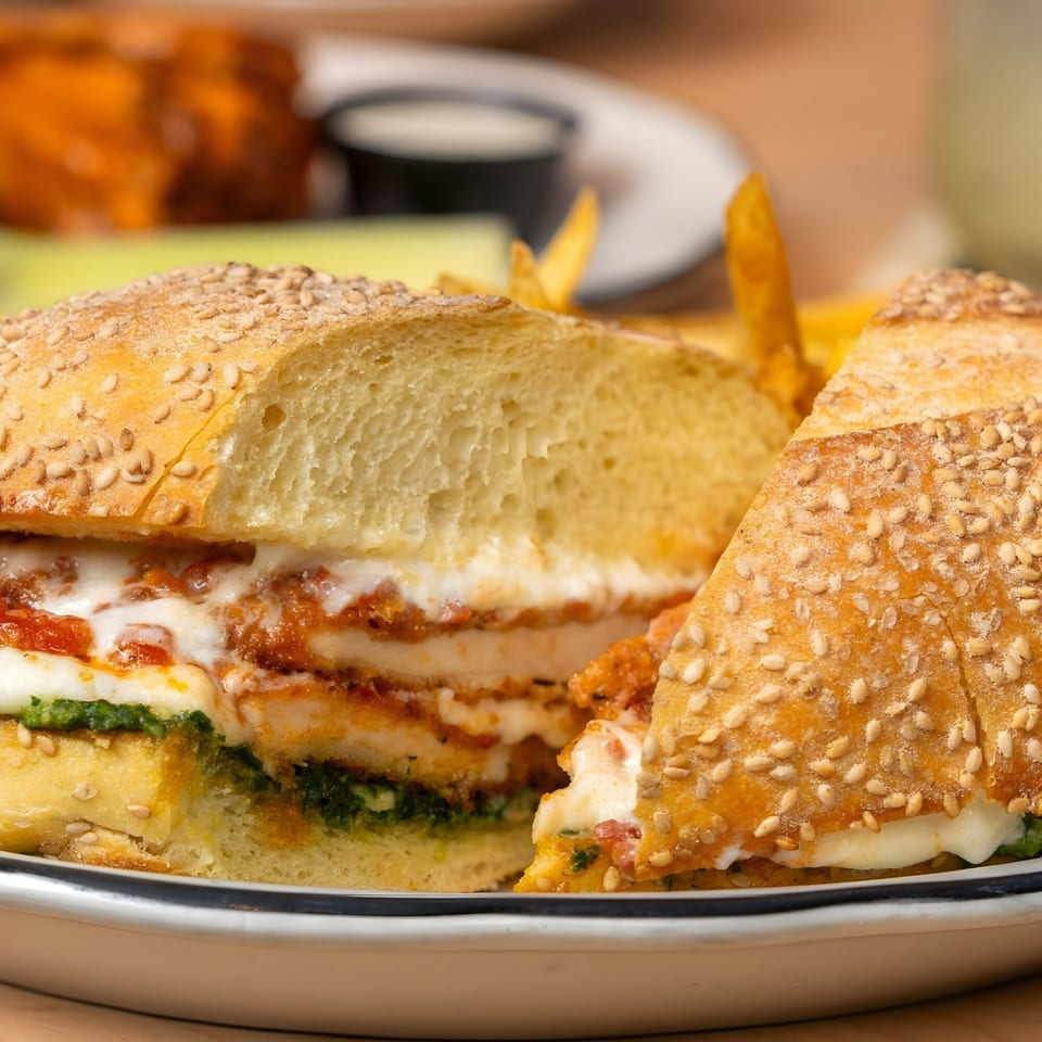 Close-up of a chicken parmesan sandwich on a sesame seed bun with fries in the background.
