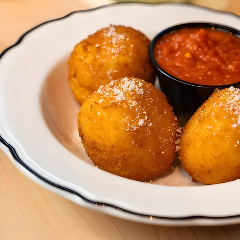 Three golden-brown arancini balls, sprinkled with cheese, served with a side of red marinara sauce.