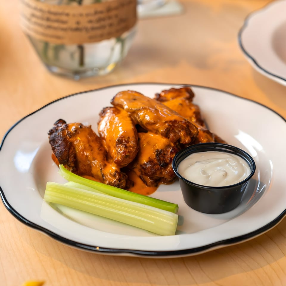 Plate of buffalo wings with celery sticks and a side of ranch dressing on a wooden table.